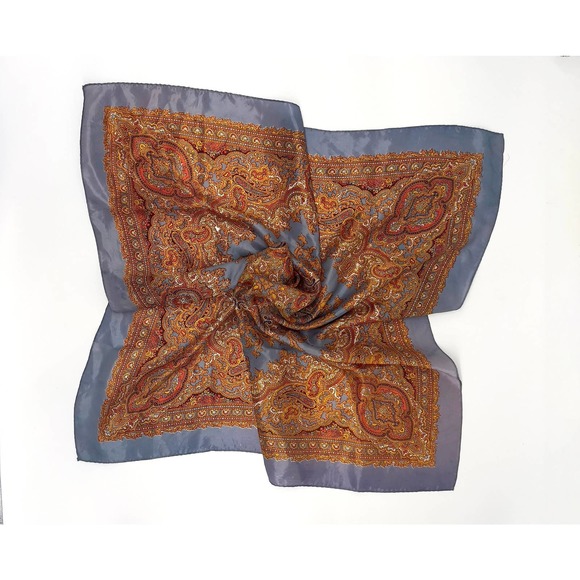 Vintage Handrolled Edge Silk Scarf Orange, Yellow, Gold, Grey - Picture 7 of 7